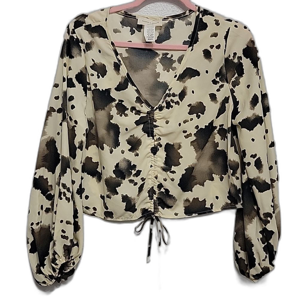 Saints & Hearts Long Sleeve Cow Print Ruched Blouse USA Black White Crop Size M